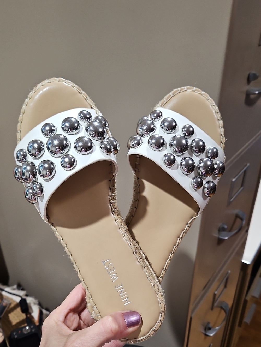 Nine West White Slide Sandals with Silver Stud Accents